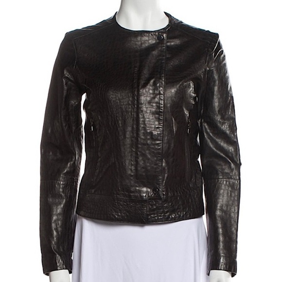 J Brand Croc Embossed Lamb Leather Moto Jacket Black Small - Picture 1 of 13